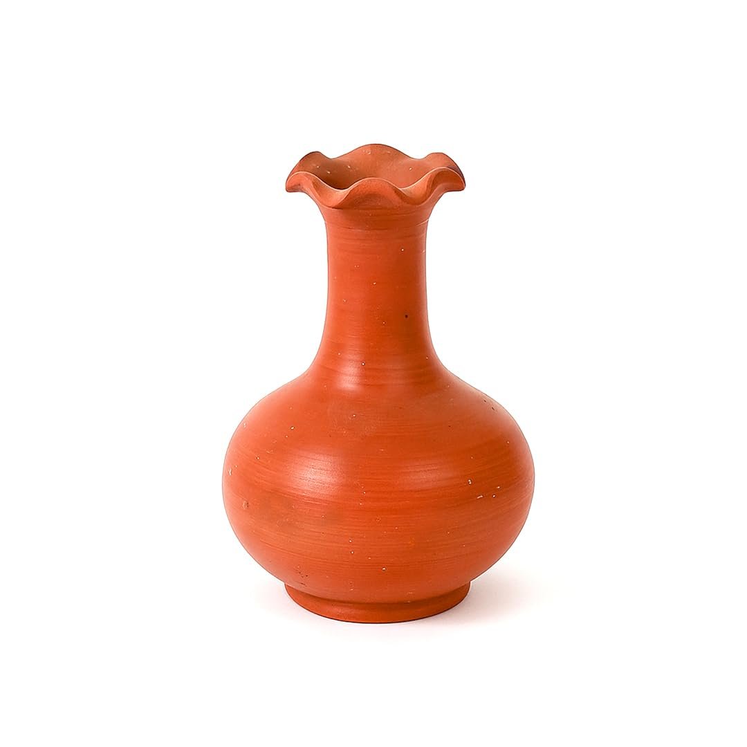 HPW 8 Inch Terracotta Earthenware Clay Flower Vase for Home & Office,Designer Decorative Round Flower Pot for Living Room Decoration, Organic Handcrafted Mitti Showpiece for Table,Set of 1,Browne - Image 5