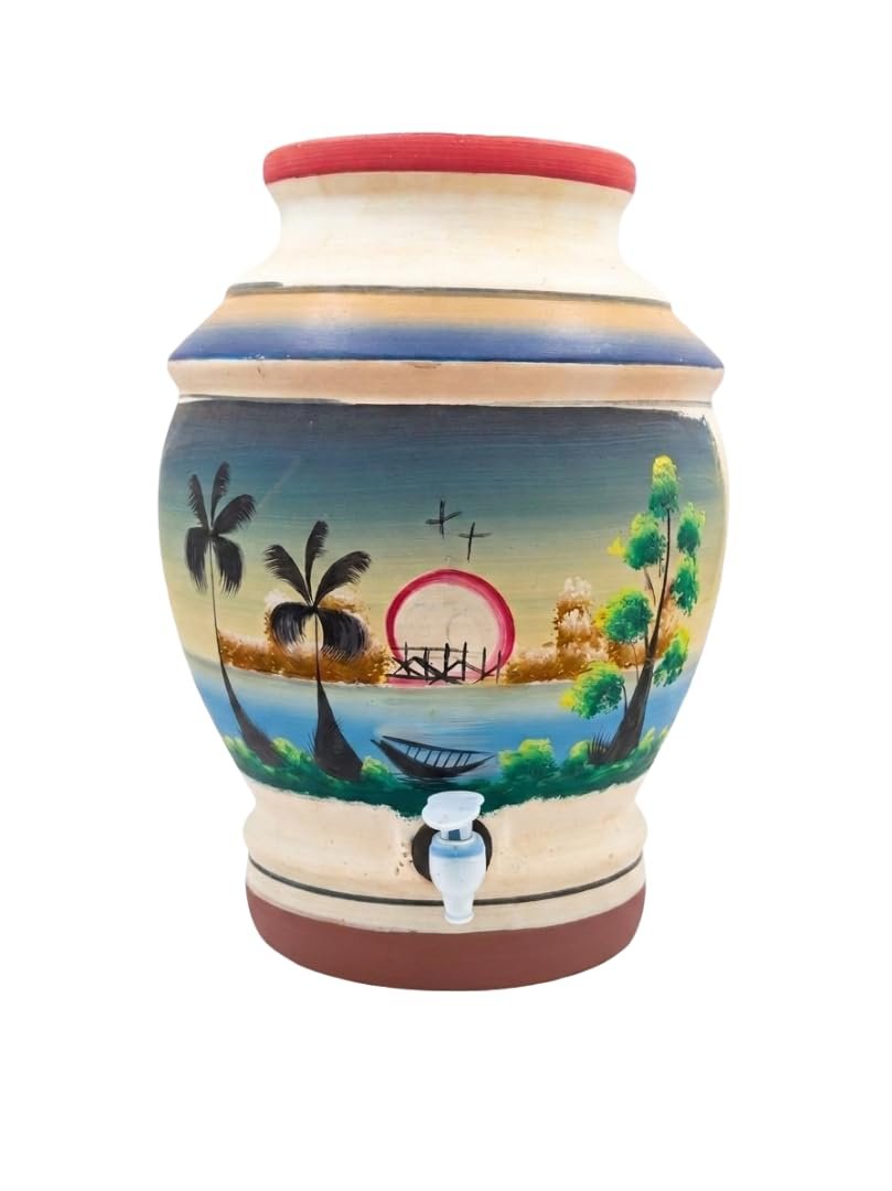 Architha Creations,Hand-Painted Clay Water Pot with Tap, Nature Scene Design,Handmade(Matka) | Clay Pot for Drinking Water | Eco-Friendly & Chemical-Free Matka with Tap – Keeps Water Cool Naturally