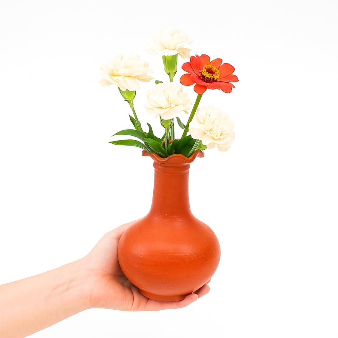 HPW 8 Inch Terracotta Earthenware Clay Flower Vase for Home & Office,Designer Decorative Round Flower Pot for Living Room Decoration, Organic Handcrafted Mitti Showpiece for Table,Set of 1,Browne - Image 2