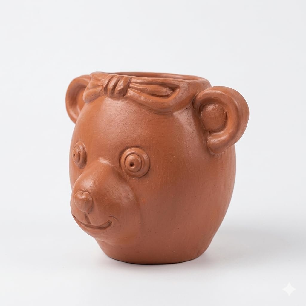 Terracotta Clay Teddy Bear Planter Pot for Home Decor | Handmade Eco-Friendly Mini Flower Pot for Indoor Plants & Succulents | Cute Decorative Clay Pot - Image 2