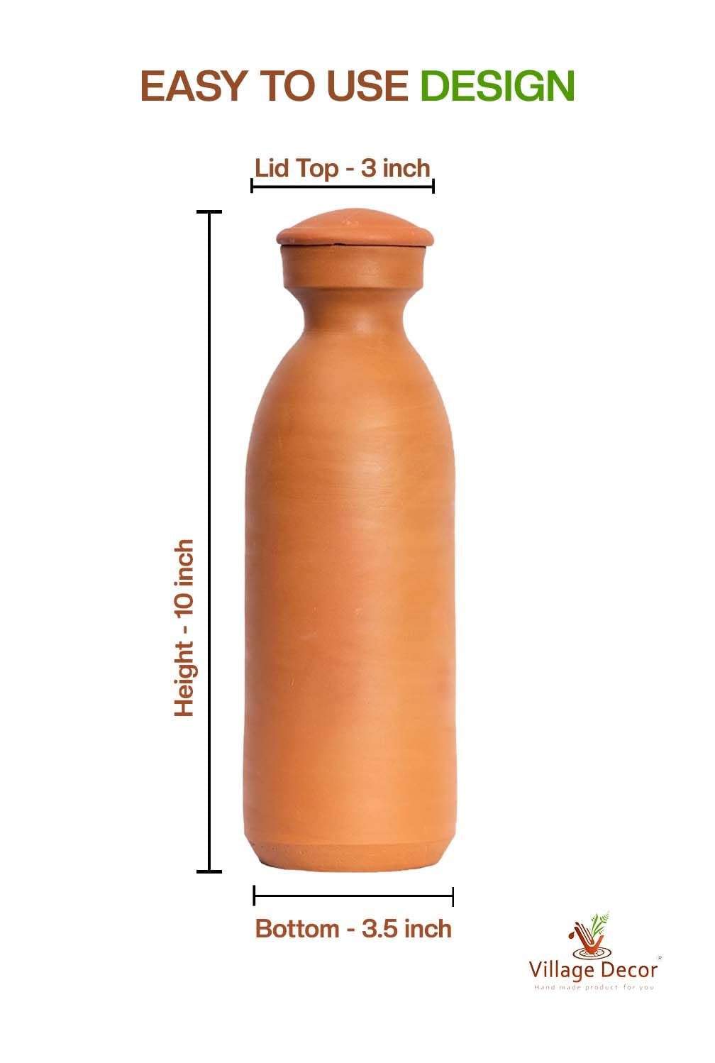 Village Decor Clay Terracotta Brown Color Preseasoned Water Bottle with lid 1000 ML - Pack of 1 - Image 3