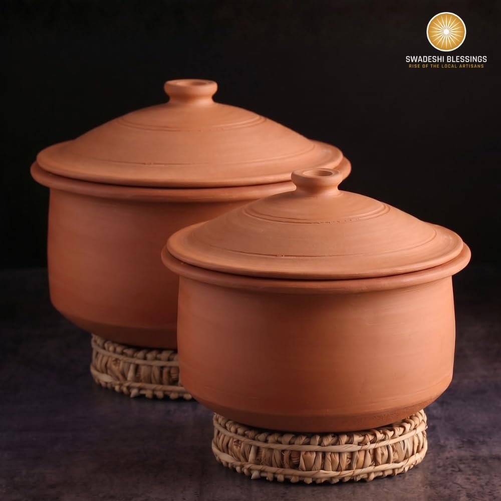 Swadeshi Blessings Exclusive Range Unglazed Clay Pot for Cooking & Serving with Lid/Earthen Kadai/Mud Handi/Mitti Ke Bartan (with Mirror Shine) + ASH for Cleaning (3.5 Liters) - Image 5