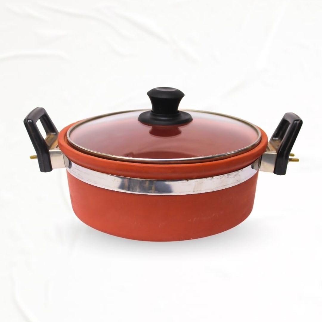 Handmade Terracotta Clay Kadhai with Glass Lid, 2 Liter | Earthen Deep Frying Pan for Natural Cooking | Gas Stove Compatible Clay Pot with Heat-Resistant Handles | Chemical-Free. - Image 2