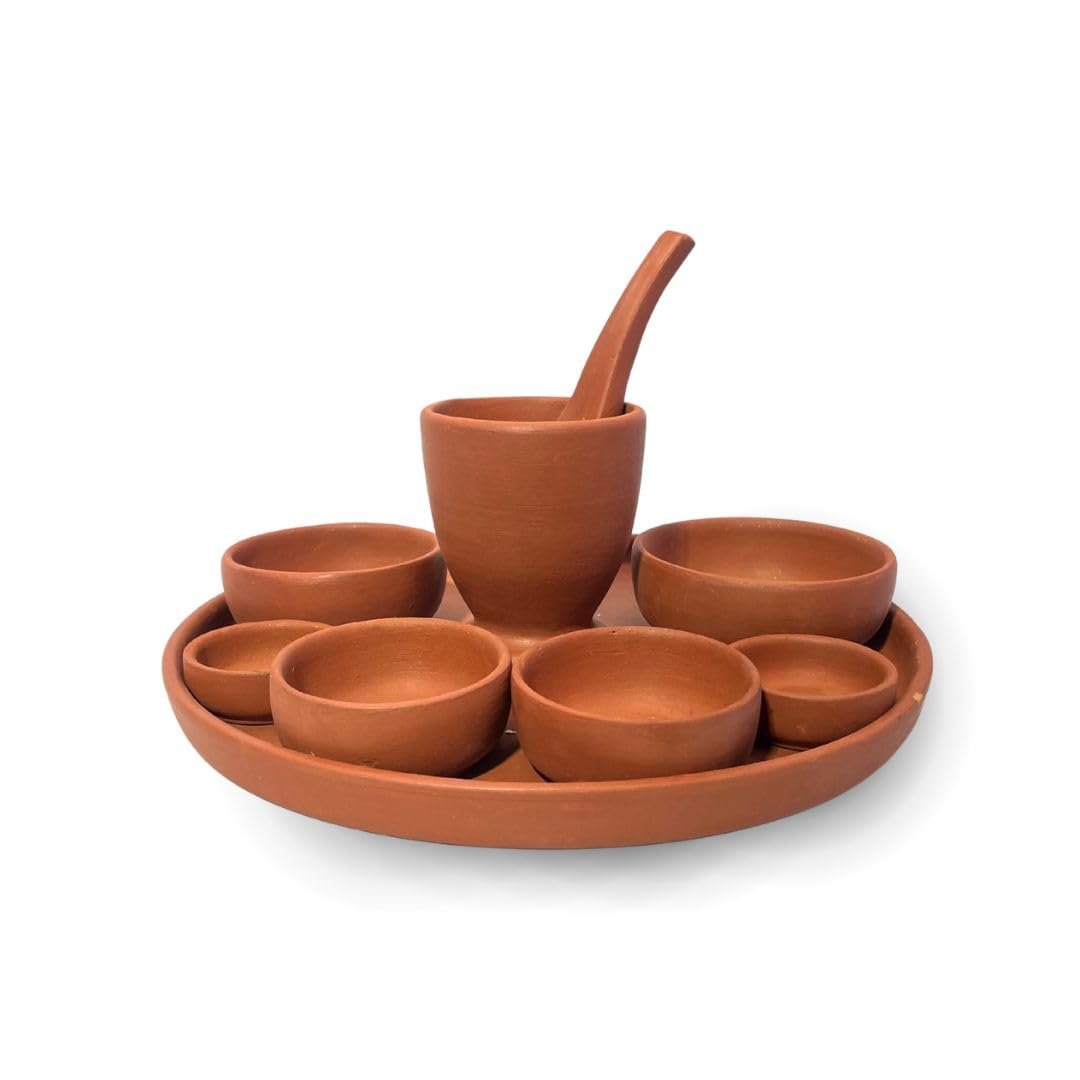 Terra Charms Handcrafted Clay Dinner Set – 9 Pcs Natural Terracotta Dining Set for Home, Authentic Lead-Free Clay Plates & Bowls for Healthy Traditional Dining, Heat-Resistant & Earthy Finish