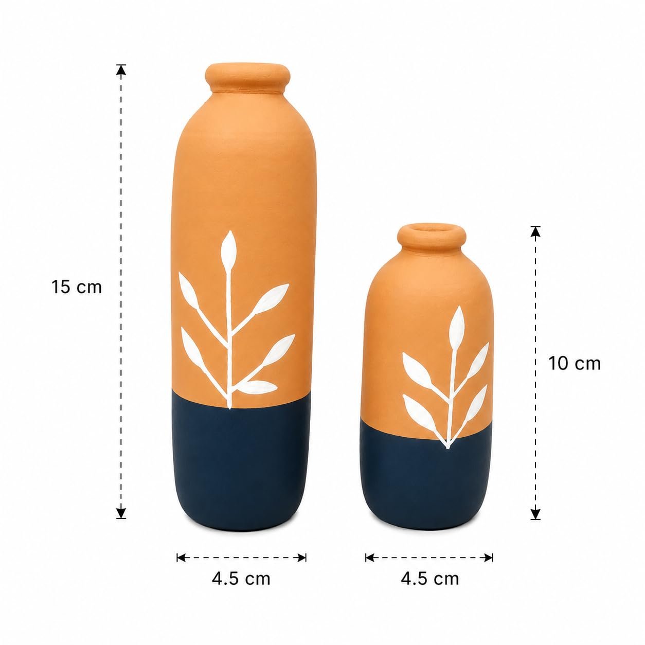 Artysta 'Floral Leaf' Cylinder Shape Hand Painted Terracotta Vase | Vases for Home Décor | Small Pot Set of 2 |Dry Flower Vases | Centerpieces for Living Room, Office |Terracotta Decor(15 x 4.5 cm) - Image 2