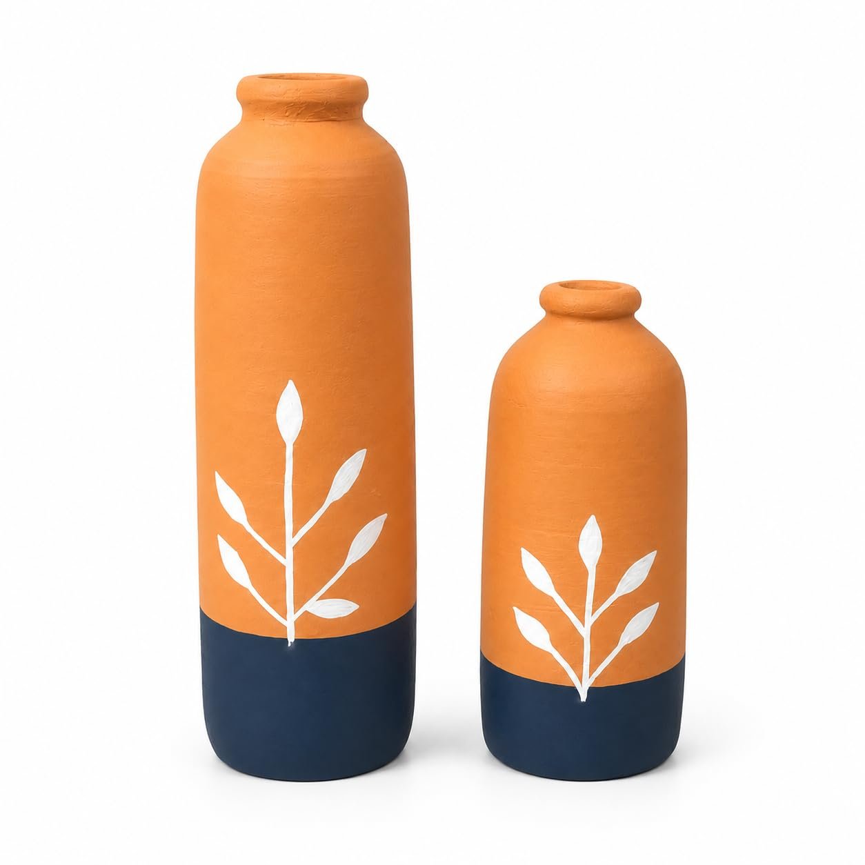 Artysta 'Floral Leaf' Cylinder Shape Hand Painted Terracotta Vase | Vases for Home Décor | Small Pot Set of 2 |Dry Flower Vases | Centerpieces for Living Room, Office |Terracotta Decor(15 x 4.5 cm)