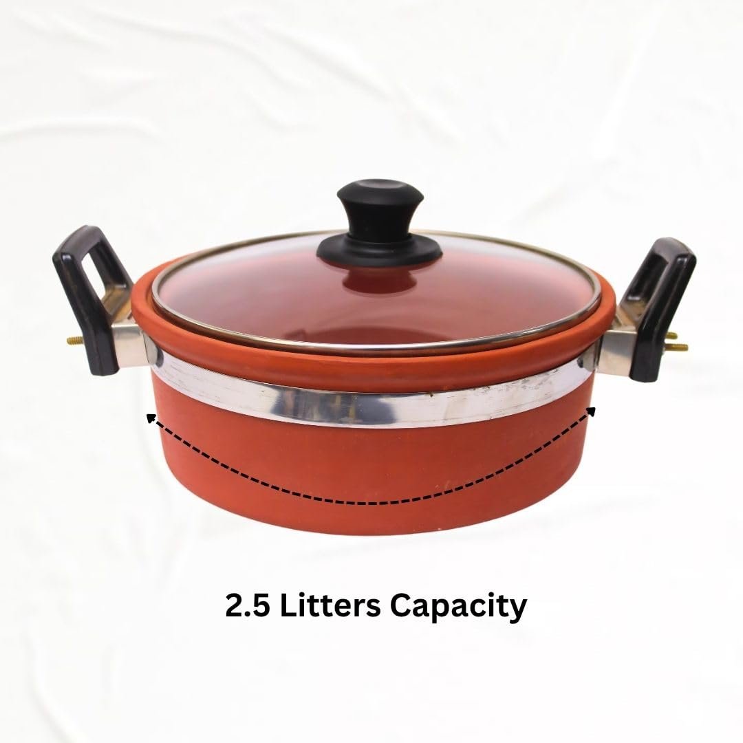 Handmade Terracotta Clay Kadhai with Glass Lid, 2 Liter | Earthen Deep Frying Pan for Natural Cooking | Gas Stove Compatible Clay Pot with Heat-Resistant Handles | Chemical-Free. - Image 3