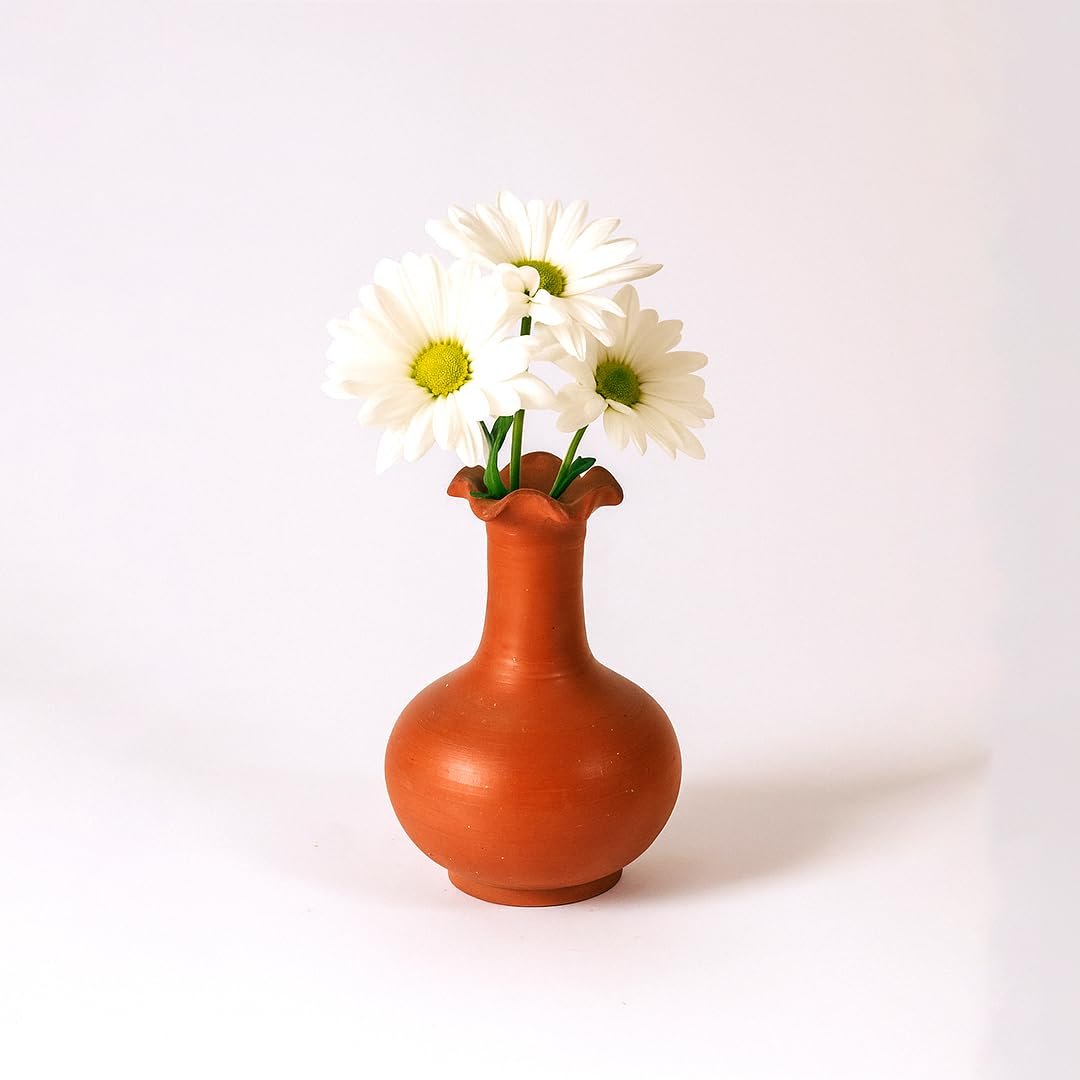 HPW 8 Inch Terracotta Earthenware Clay Flower Vase for Home & Office,Designer Decorative Round Flower Pot for Living Room Decoration, Organic Handcrafted Mitti Showpiece for Table,Set of 1,Browne - Image 4