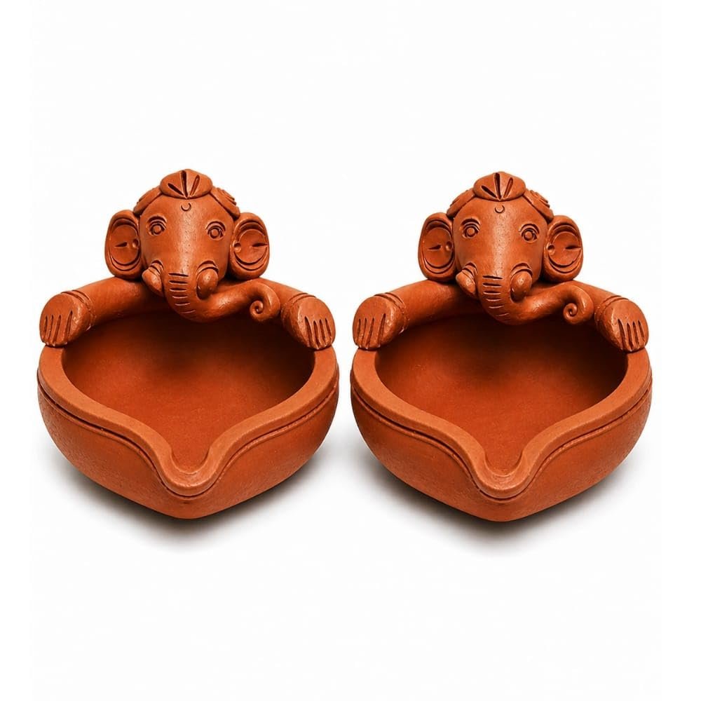 “Ganesh Shape Terracotta Diyas (Set of 2) – Handmade Decorative Diya for Diwali, Pooja & Home Decor | Traditional Ganpati Oil Lamp”