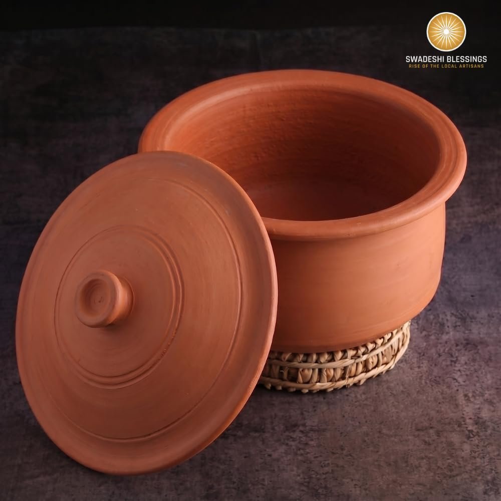 Swadeshi Blessings Exclusive Range Unglazed Clay Pot for Cooking & Serving with Lid/Earthen Kadai/Mud Handi/Mitti Ke Bartan (with Mirror Shine) + ASH for Cleaning (3.5 Liters) - Image 2