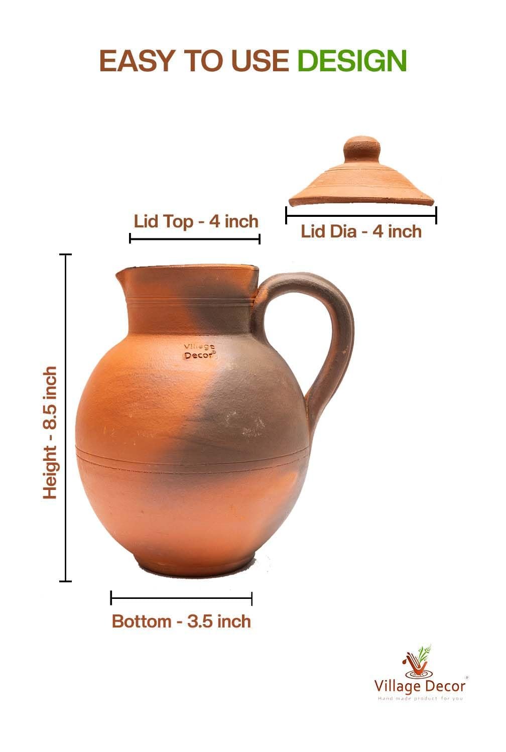 Village Decor Handmade Terracotta Preseasoned Clay Classic Water jug 1.5-2 Liter (Clay jug with lid) - Image 3