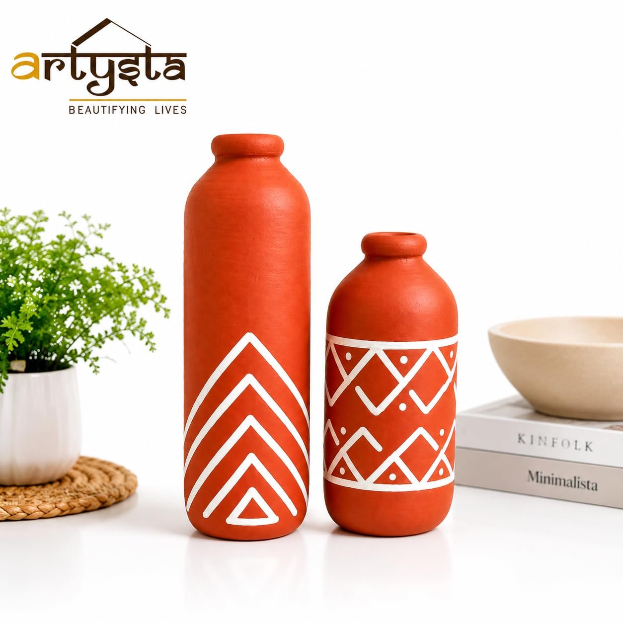Artysta 'Ethnic Geometry' Hand Painted Terracotta Vase | Small Pot Set of 2 for Home Decor | Decorative Clay Tini Vases | Terracotta Decorative Items | Gifting Pots (15 x 4.5 cm) - Image 3