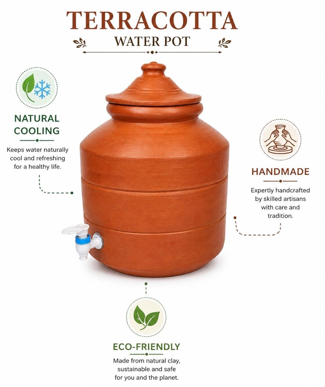 Mud Water Pot with Tap |Natural Clay Matka Water Dispenser| Earthen Pot for Cool Drinking Water|Eco-Friendly Terracotta Storage (10 litres with Lid) - Image 2