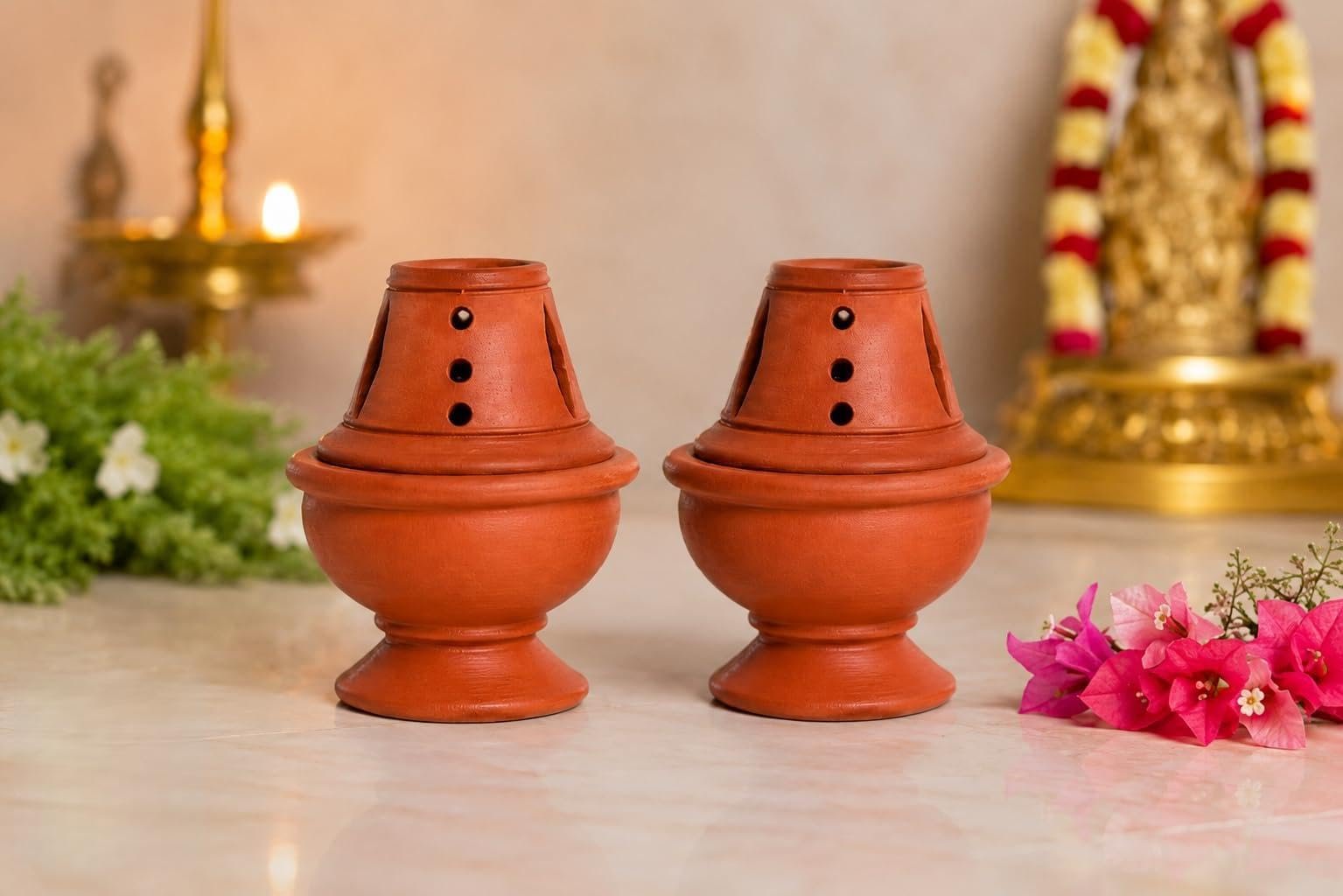 Our Rural Clay Diya for puja Outdoor Terracotta Diya matti deepalu with lid akhand Diya Pack of 2