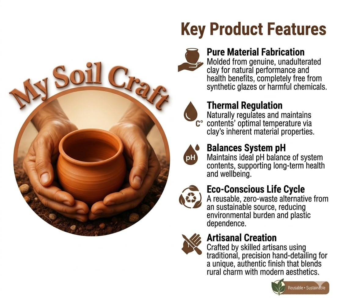 My Soil CraftExclusive Range Unglazed Earthen Dahi Handi/Curd Pot/Clay Pot with Lid Free ASH for Cleaning Brown, 2 Liters - Image 5