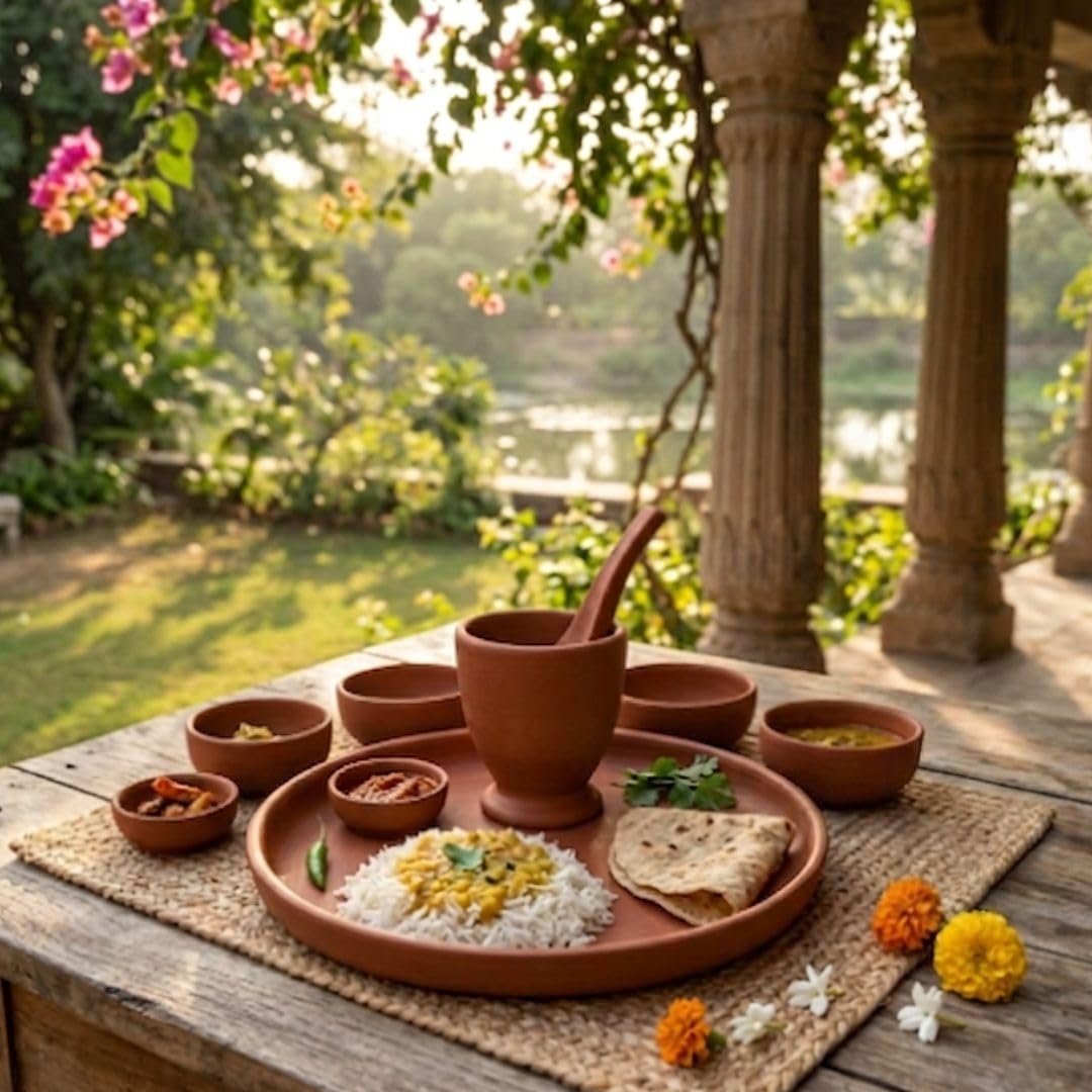 Terra Charms Handcrafted Clay Dinner Set – 9 Pcs Natural Terracotta Dining Set for Home, Authentic Lead-Free Clay Plates & Bowls for Healthy Traditional Dining, Heat-Resistant & Earthy Finish - Image 2