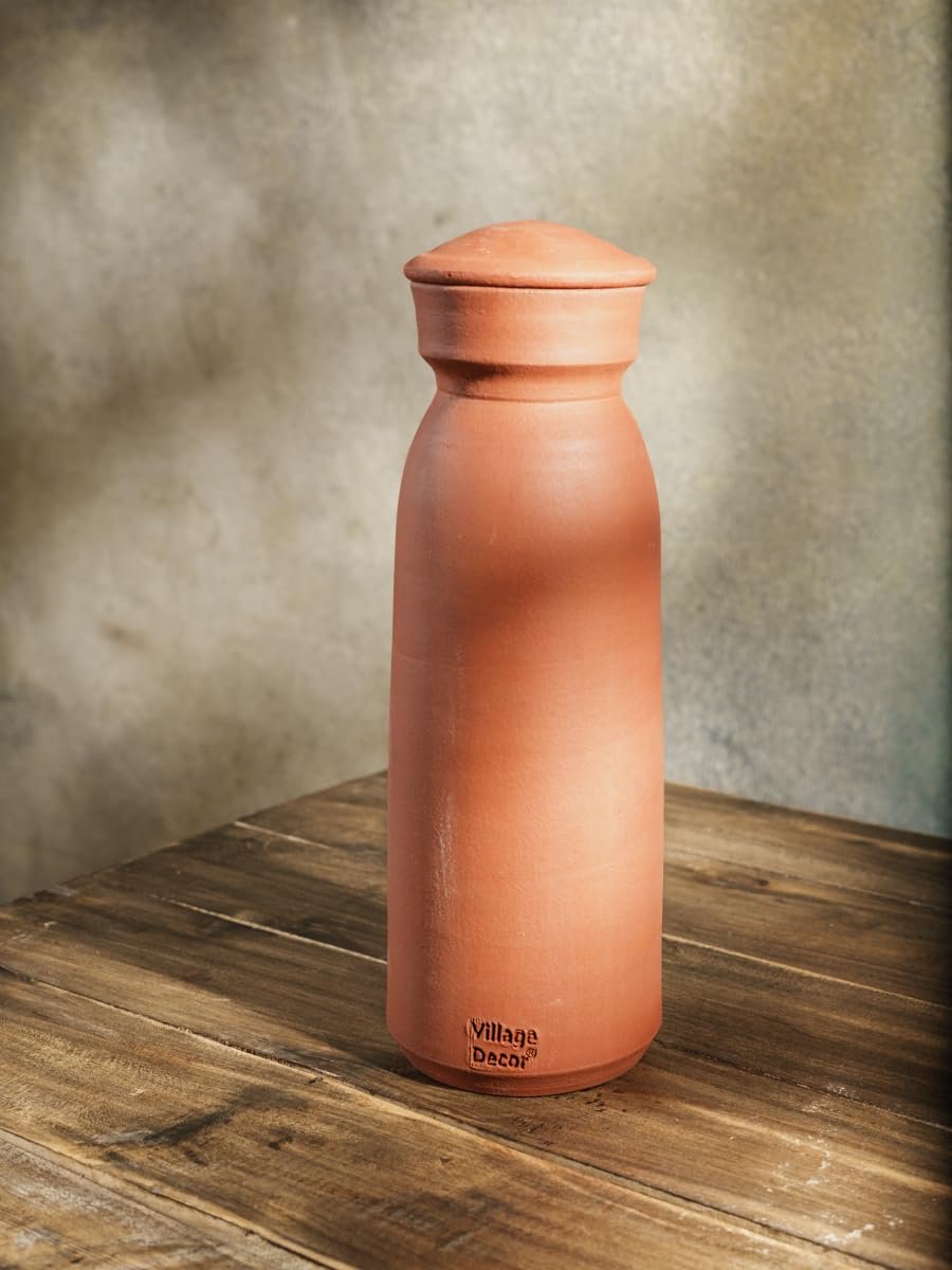Village Decor Clay Terracotta Brown Color Preseasoned Water Bottle with lid 1000 ML - Pack of 1