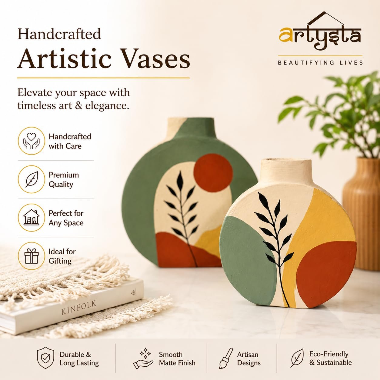 ARTYSTA Handpainted Terracotta Vase Set of 2 | Green Boho Modern Decorative Dry Flower Vases for Home Décor | Small Vases for Decor | Housewarming Gifts | Eco-Friendly Pots | Round Flat Shape Pots - Image 6