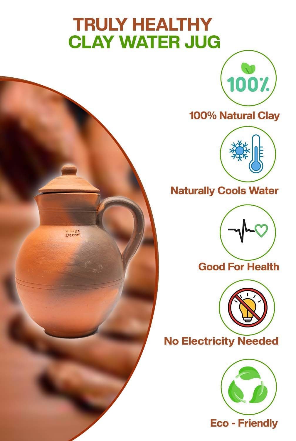 Village Decor Handmade Terracotta Preseasoned Clay Classic Water jug 1.5-2 Liter (Clay jug with lid) - Image 5