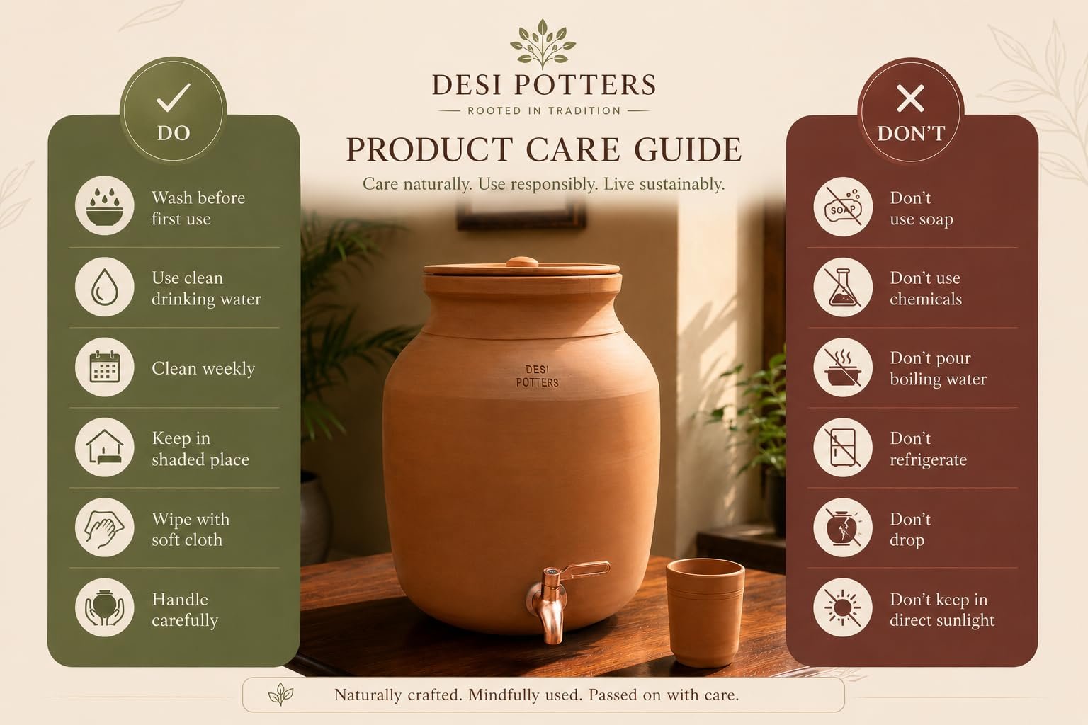 Handmade Terracotta Water Pot with Metal Tap & Lid (3, Liters) - Image 4
