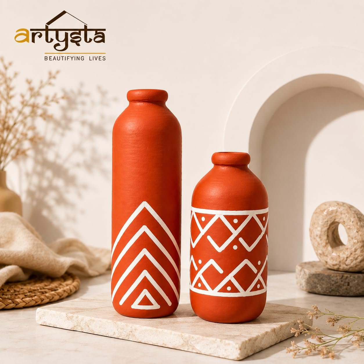 Artysta 'Ethnic Geometry' Hand Painted Terracotta Vase | Small Pot Set of 2 for Home Decor | Decorative Clay Tini Vases | Terracotta Decorative Items | Gifting Pots (15 x 4.5 cm) - Image 4