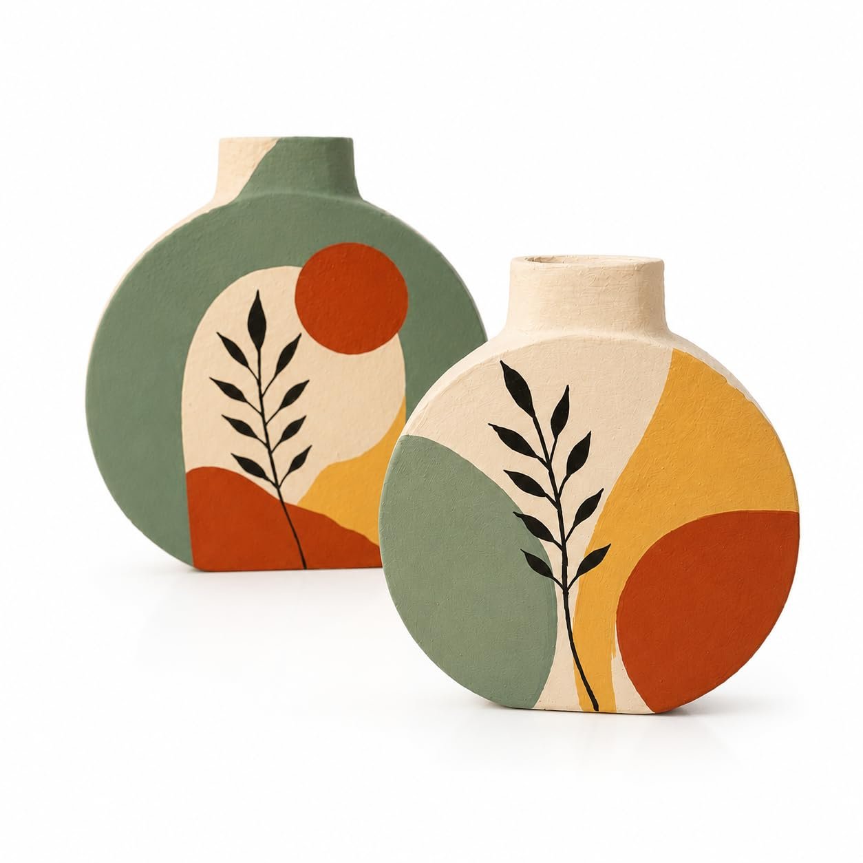 ARTYSTA Handpainted Terracotta Vase Set of 2 | Green Boho Modern Decorative Dry Flower Vases for Home Décor | Small Vases for Decor | Housewarming Gifts | Eco-Friendly Pots | Round Flat Shape Pots