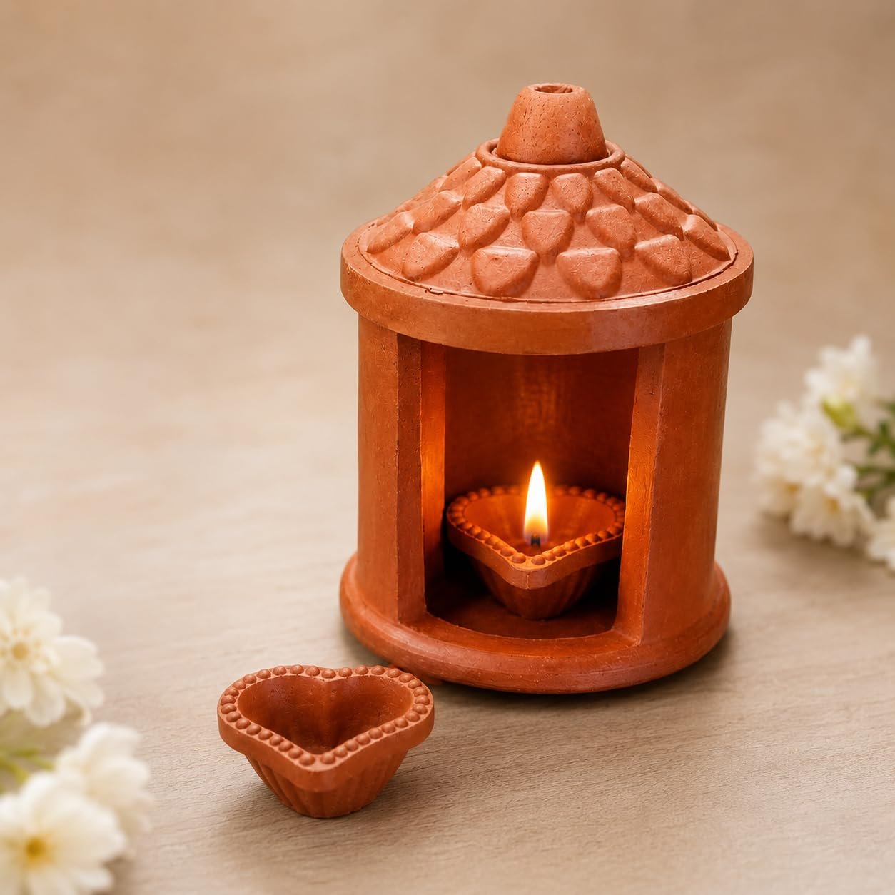 Crinkle Terracotta Temple Diya Holder with Heart-Shaped Diya - Image 3