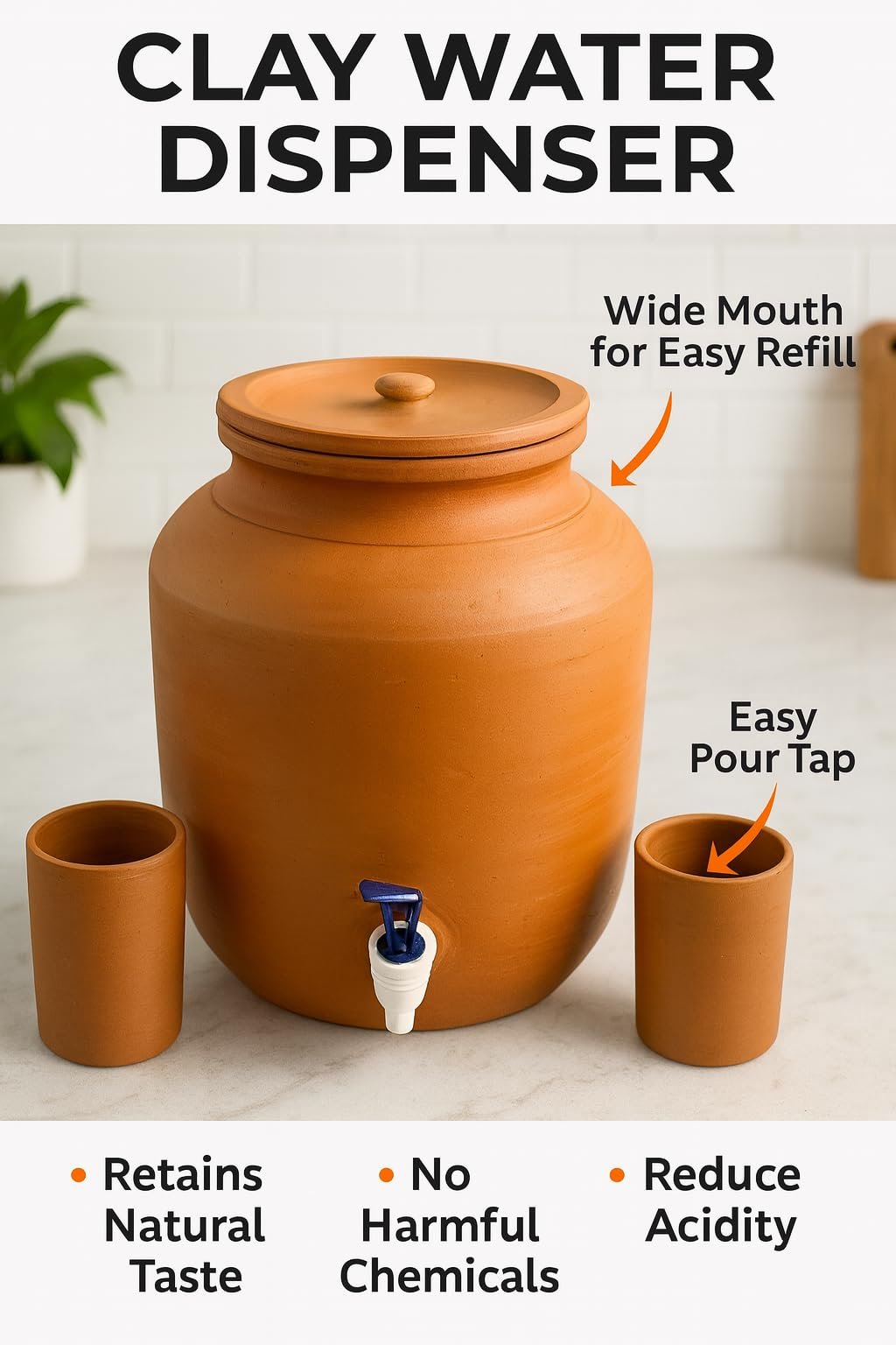 Clay Water Camper with 2 Glass Containers, Traditional Matka Style Earthen Dispenser, Handmade Natural Clay Pot for Drinking Water, Cool Water Storage Jug for Home, Kitchen (10 litres) - Image 4