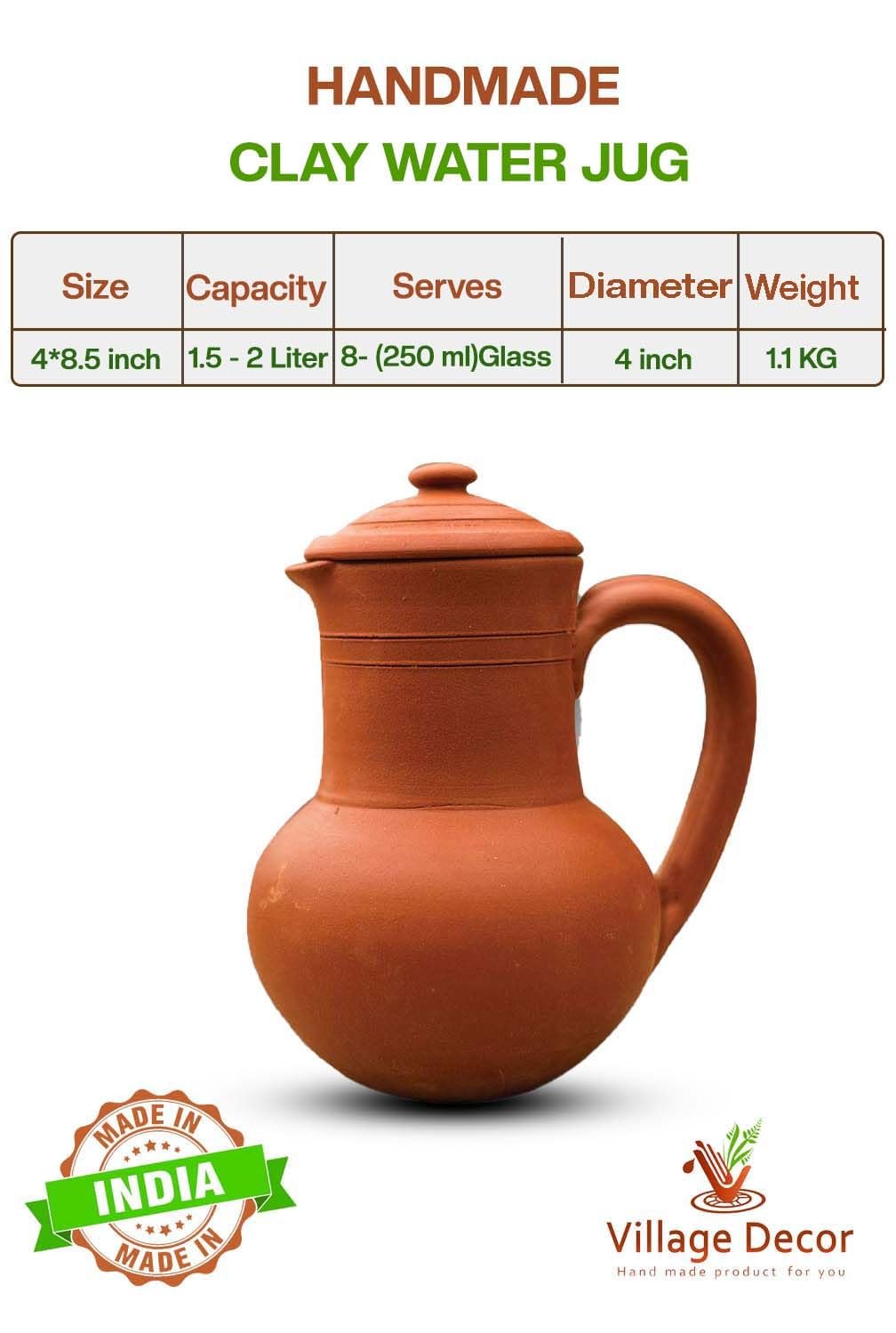 Village Decor Handmade Terracotta Preseasoned Water jug |2 Liter with Bottom Tray & Glass - Image 2