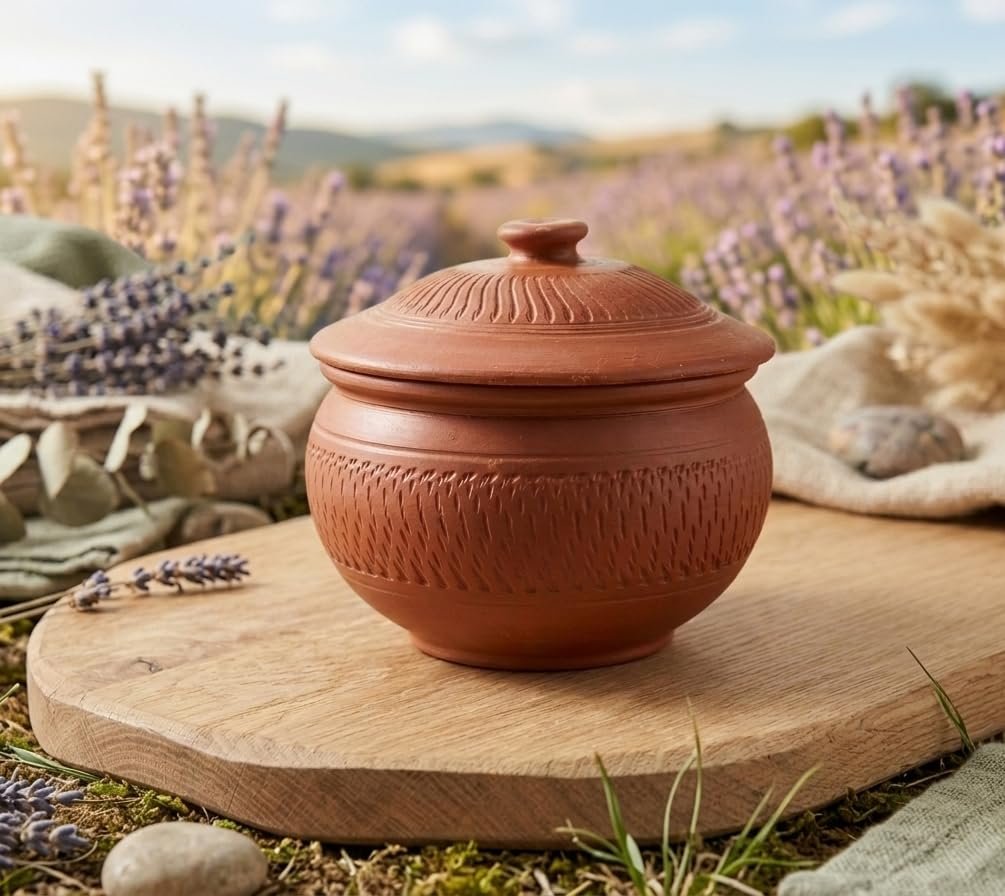 My Soil CraftExclusive Range Unglazed Earthen Dahi Handi/Curd Pot/Clay Pot with Lid Free ASH for Cleaning Brown, 2 Liters - Image 2