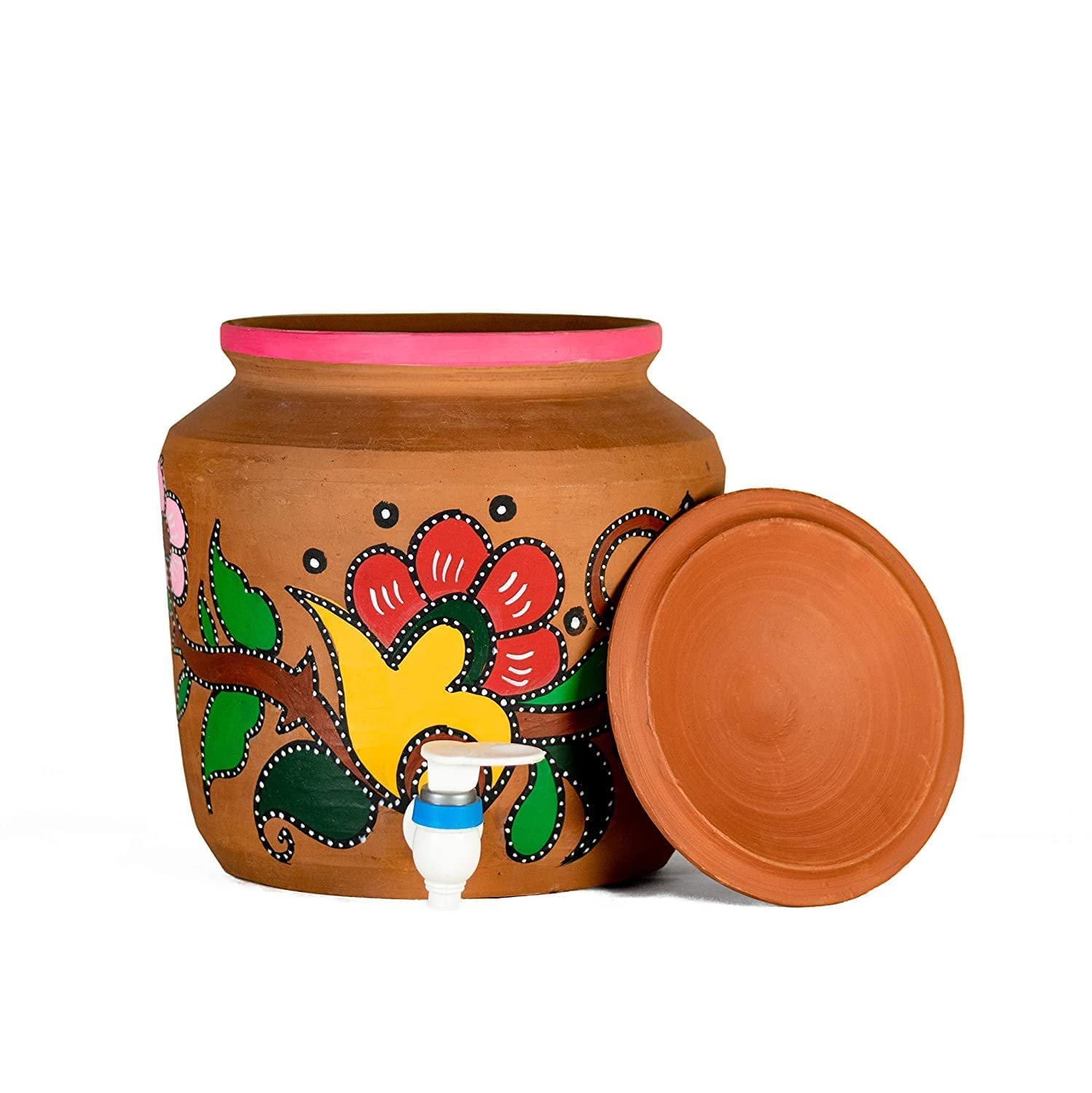 Handcrafted Designer Clay Water Pot with Tap 8 Liter | Natural Cooling Mitti Matka | Fridge-Free Healthy Drinking Water | Hand Painted Premium Earthen Pot (Design 1) - Image 2