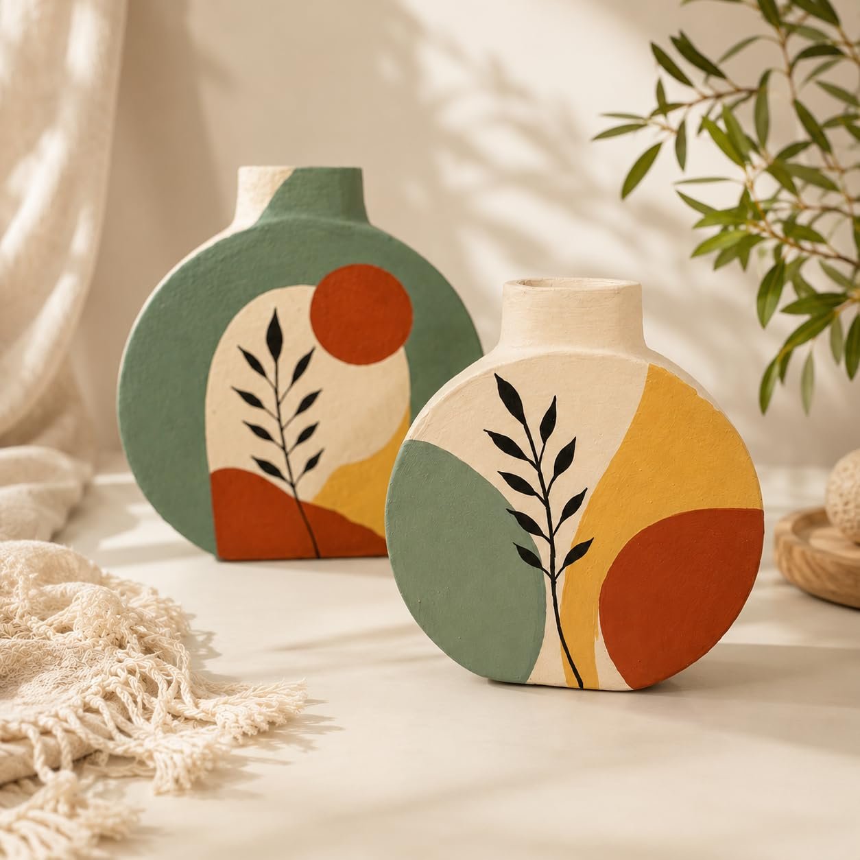 ARTYSTA Handpainted Terracotta Vase Set of 2 | Green Boho Modern Decorative Dry Flower Vases for Home Décor | Small Vases for Decor | Housewarming Gifts | Eco-Friendly Pots | Round Flat Shape Pots - Image 5
