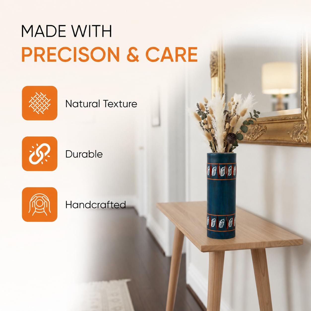 Aakriti Art Creations Handpainted Terracotta Flower Vase | Matte Blue Autumn Leaf Floral Decorative Vase | Handmade Tall Vase for Living Room Table Decor & Housewarming Gift - Image 3