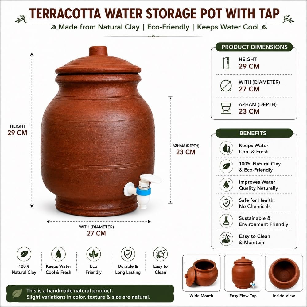 Handcrafted Terracotta Water Storage Pot with Tap, 5 Litre - Image 4