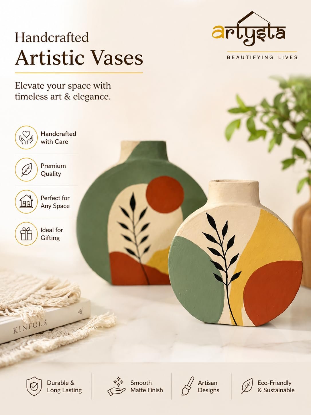 ARTYSTA Handpainted Terracotta Vase Set of 2 | Green Boho Modern Decorative Dry Flower Vases for Home Décor | Small Vases for Decor | Housewarming Gifts | Eco-Friendly Pots | Round Flat Shape Pots - Image 7