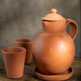 Village Decor Handmade Terracotta Preseasoned Water jug |2 Liter with Bottom Tray & Glass