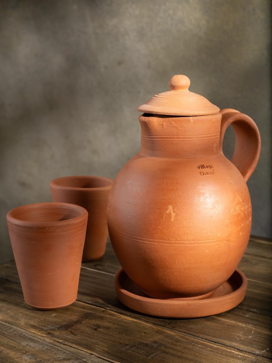 Village Decor Handmade Terracotta Preseasoned Water jug |2 Liter with Bottom Tray & Glass