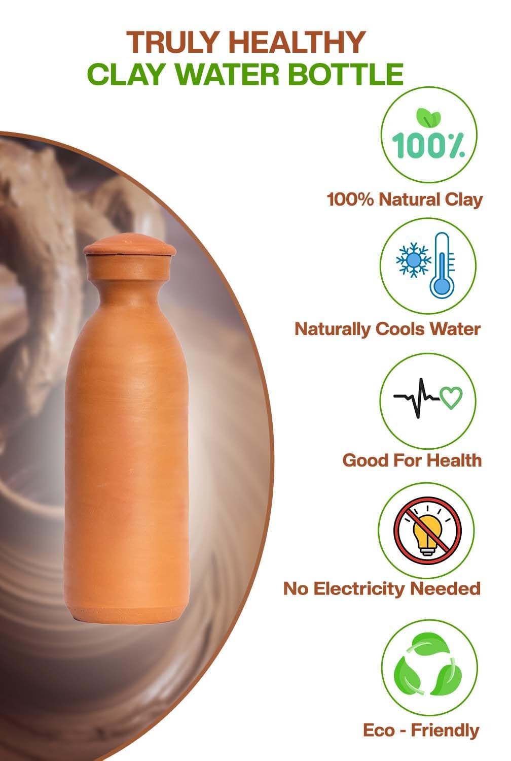 Village Decor Clay Terracotta Brown Color Preseasoned Water Bottle with lid 1000 ML - Pack of 1 - Image 4