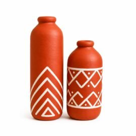 Artysta 'Ethnic Geometry' Hand Painted Terracotta Vase | Small Pot Set of 2 for Home Decor | Decorative Clay Tini Vases | Terracotta Decorative Items | Gifting Pots (15 x 4.5 cm)