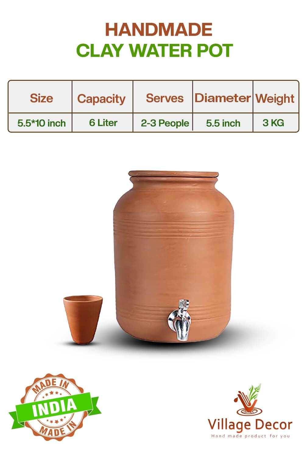 Village Decor Clay Water Pot with Lid (Pre-Seasoned) & 304 Stainless Steel tap (Pot) 6000 ML - Image 2