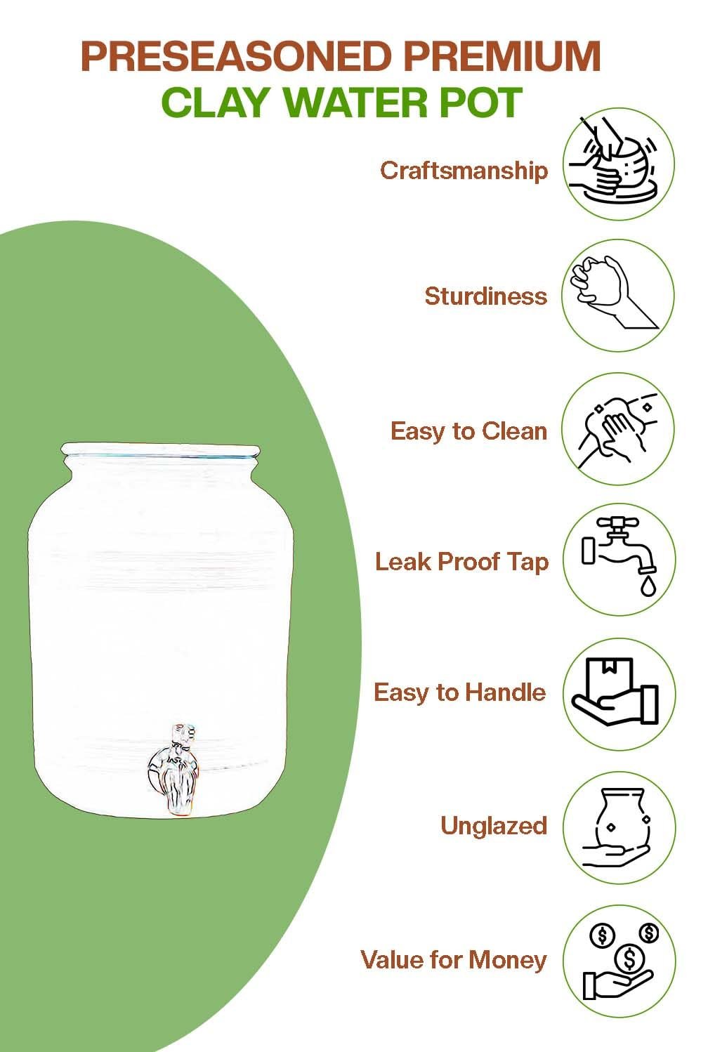 Village Decor Clay Water Pot with Lid (Pre-Seasoned) & 304 Stainless Steel tap (Pot) 6000 ML - Image 4