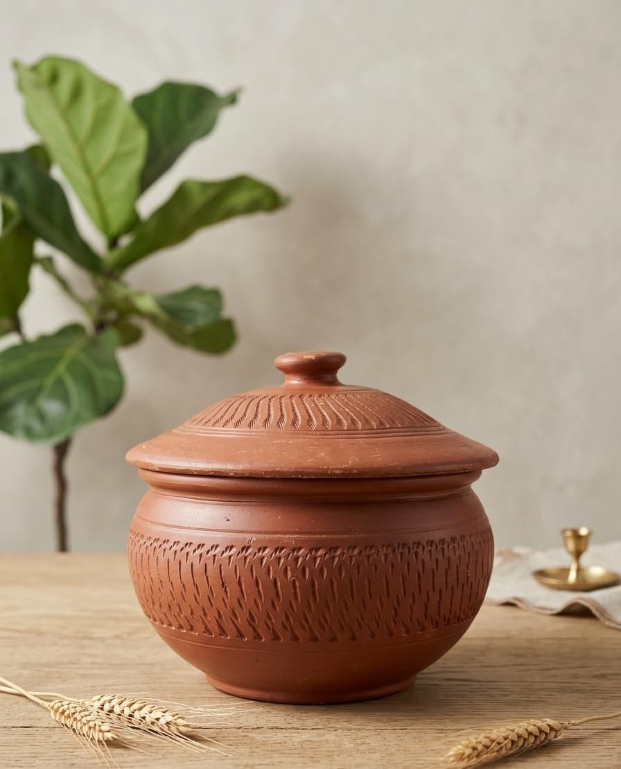 My Soil CraftExclusive Range Unglazed Earthen Dahi Handi/Curd Pot/Clay Pot with Lid Free ASH for Cleaning Brown, 2 Liters