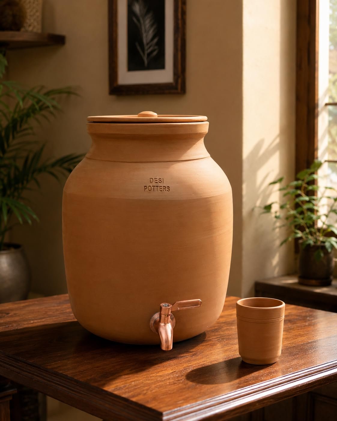 Handmade Terracotta Water Pot with Metal Tap & Lid (3, Liters) - Image 2