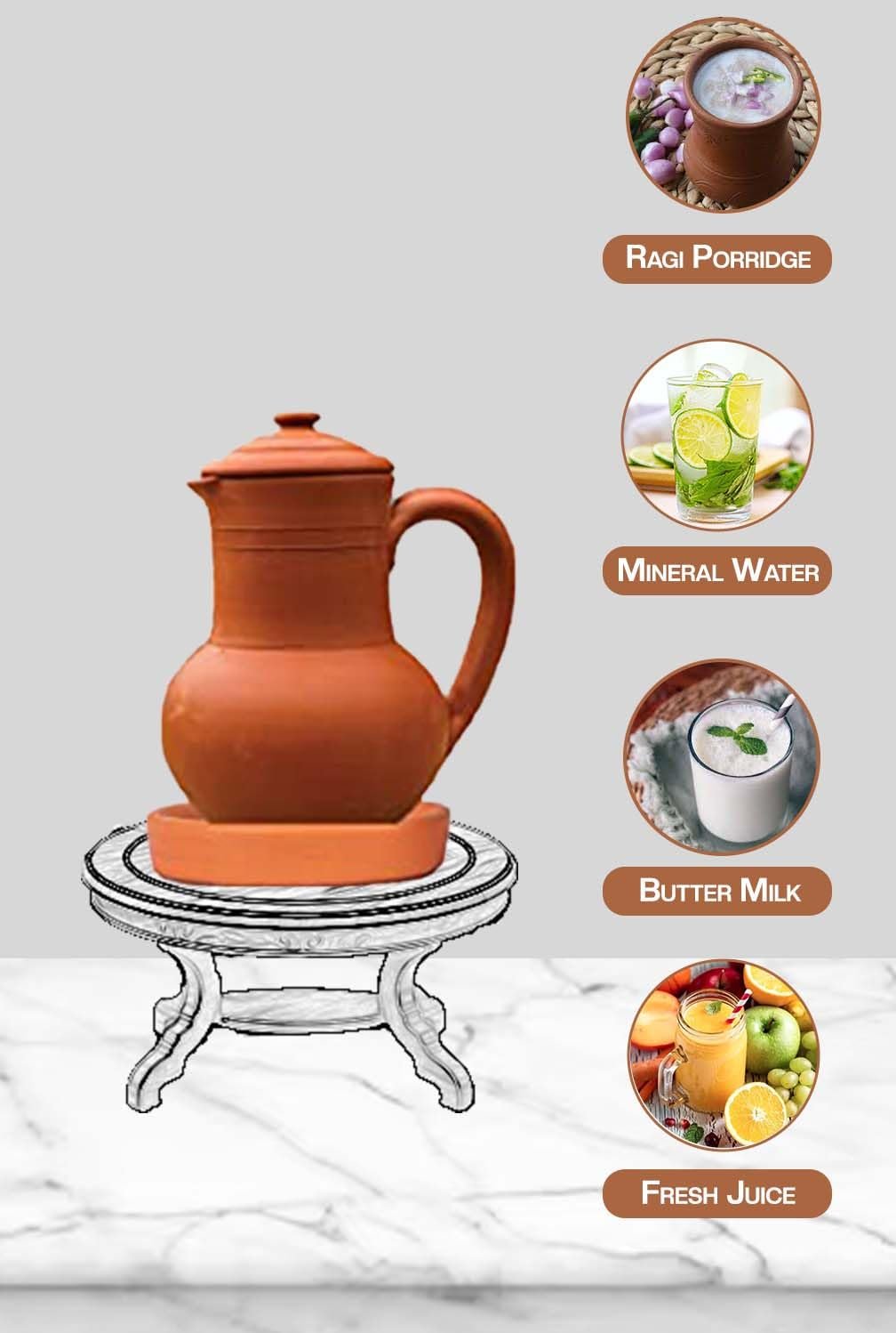 Village Decor Handmade Terracotta Preseasoned Water jug |2 Liter with Bottom Tray & Glass - Image 4