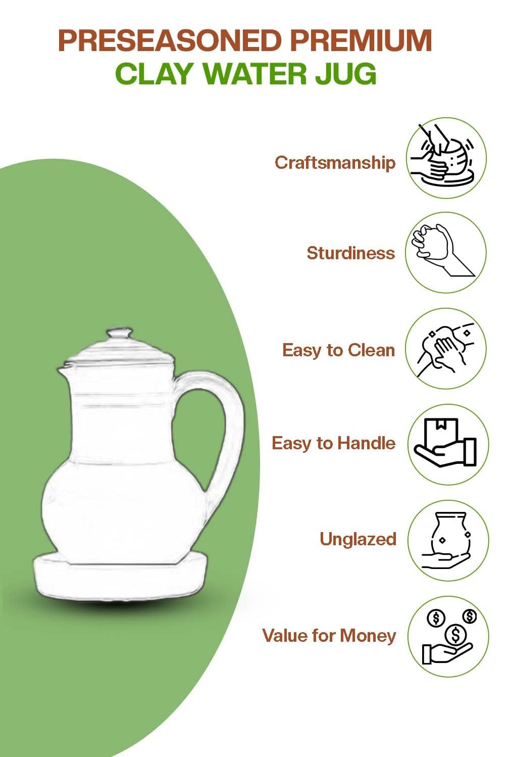 Village Decor Handmade Terracotta Preseasoned Water jug |2 Liter with Bottom Tray & Glass - Image 6