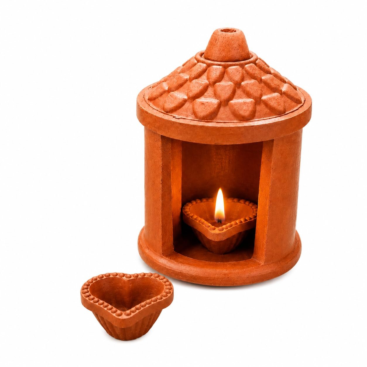 Crinkle Terracotta Temple Diya Holder with Heart-Shaped Diya