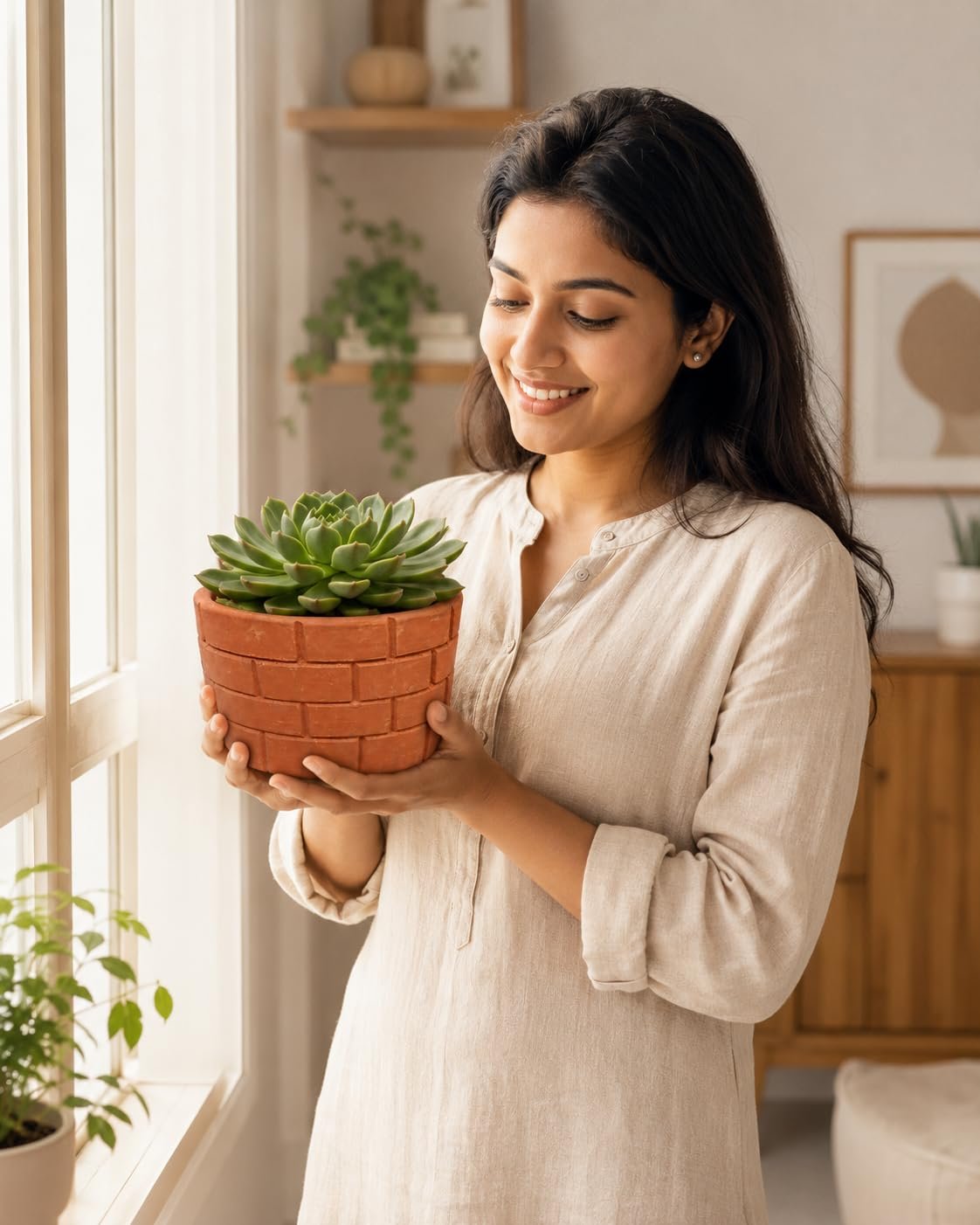Azadi House Handmade Terracotta Indoor Planter | Natural Clay Flower Pot with Brick Design | Breathable Earthen Pot for Succulents, Bonsai, Cactus & Small Indoor Plants | 13 cm - Image 6