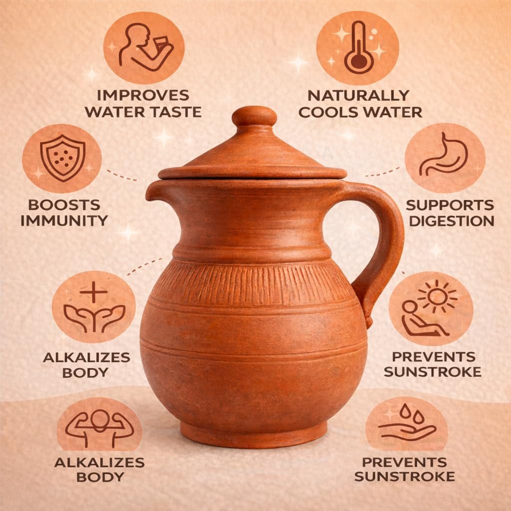 Clay Water Jug with Lid & Handle | Handmade Terracotta Water Pitcher (Mitti Ka Surahi) for Drinking Water | Natural Cooling Earthen Pot | Eco-Friendly 1800ML - Image 3