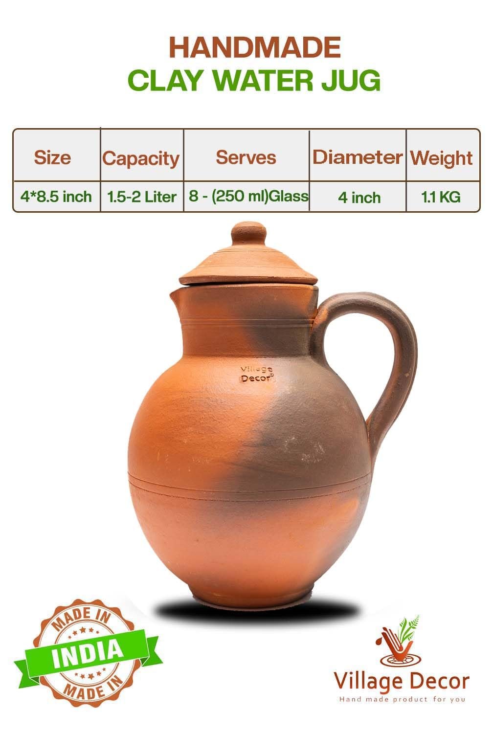 Village Decor Handmade Terracotta Preseasoned Clay Classic Water jug 1.5-2 Liter (Clay jug with lid) - Image 2