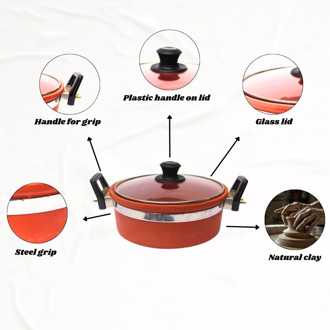 Handmade Terracotta Clay Kadhai with Glass Lid, 2 Liter | Earthen Deep Frying Pan for Natural Cooking | Gas Stove Compatible Clay Pot with Heat-Resistant Handles | Chemical-Free. - Image 5